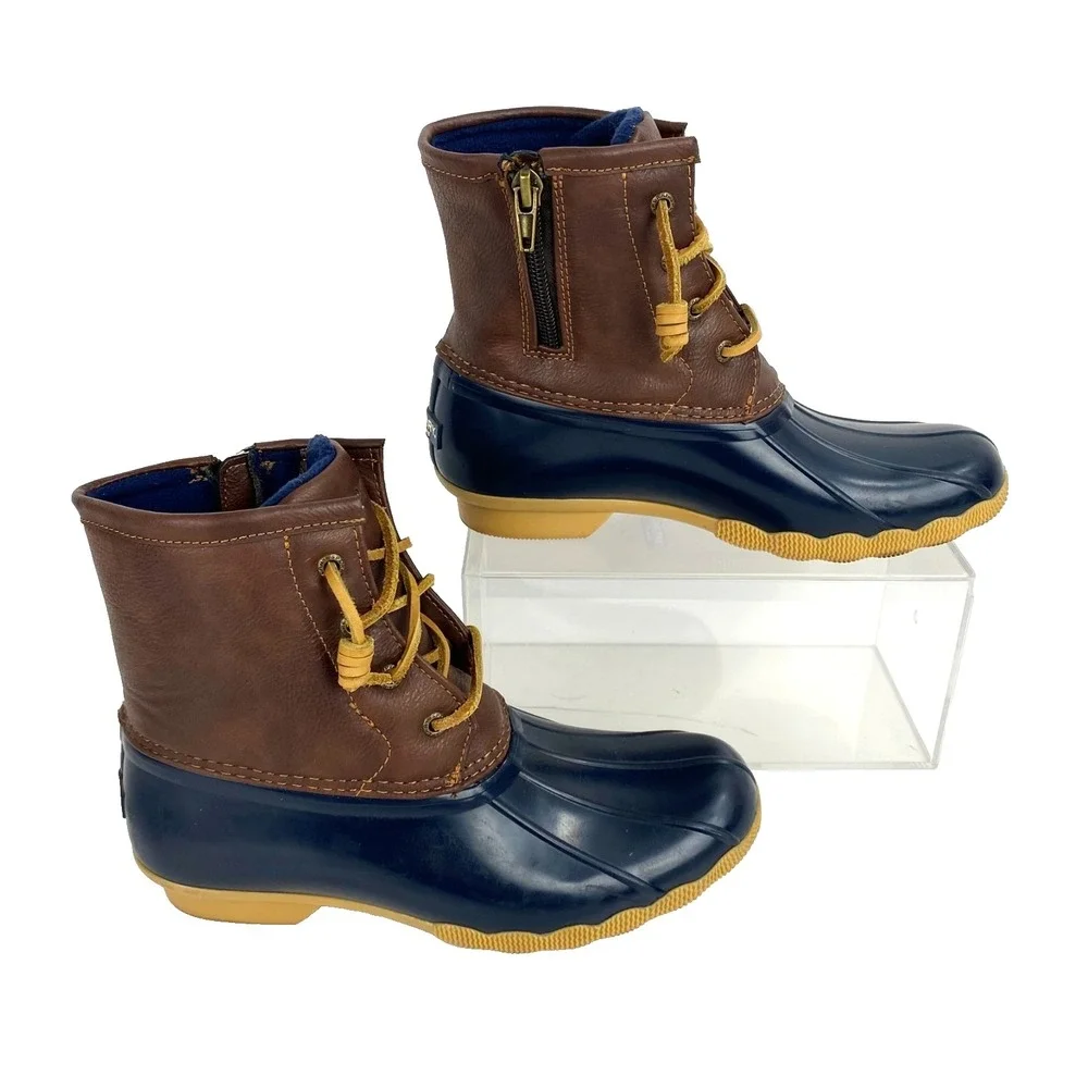 Sperry Saltwater Boots Girls 4M Duck Boots Waterproof LKNU Blue Brown Rain Shoes